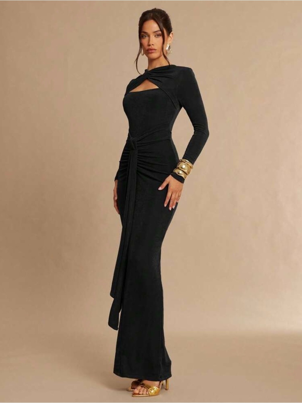 Black Long Sleeve Twist Front Maxi Dress - Picture 3 of 5